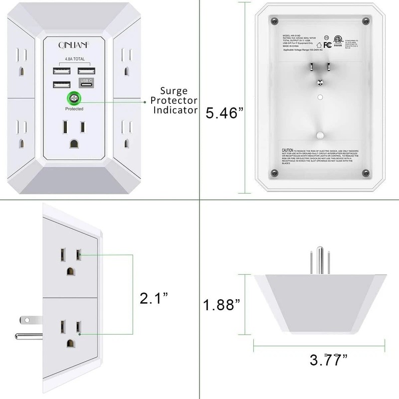 5 Outlet Extender Surge Protector Multi Plug Wall Adapter USB Charger Ports with gallery