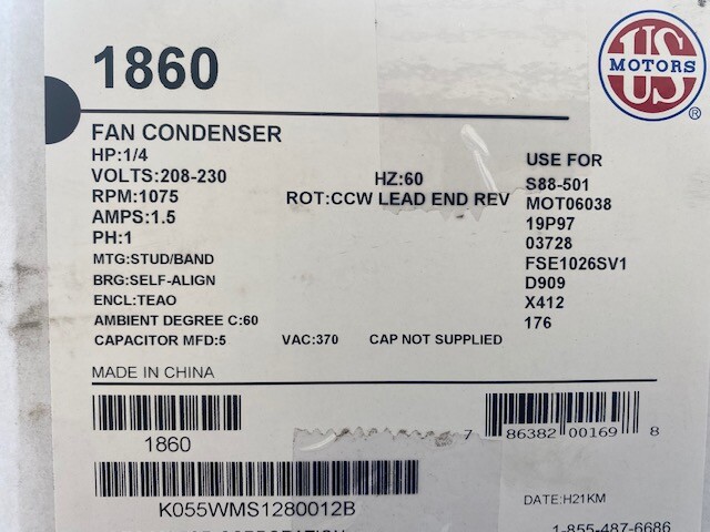 US Motors 1860 Replacement Condenser Fan Motor 1/4 hp 208-230V 1075 RPM / 1876 gallery