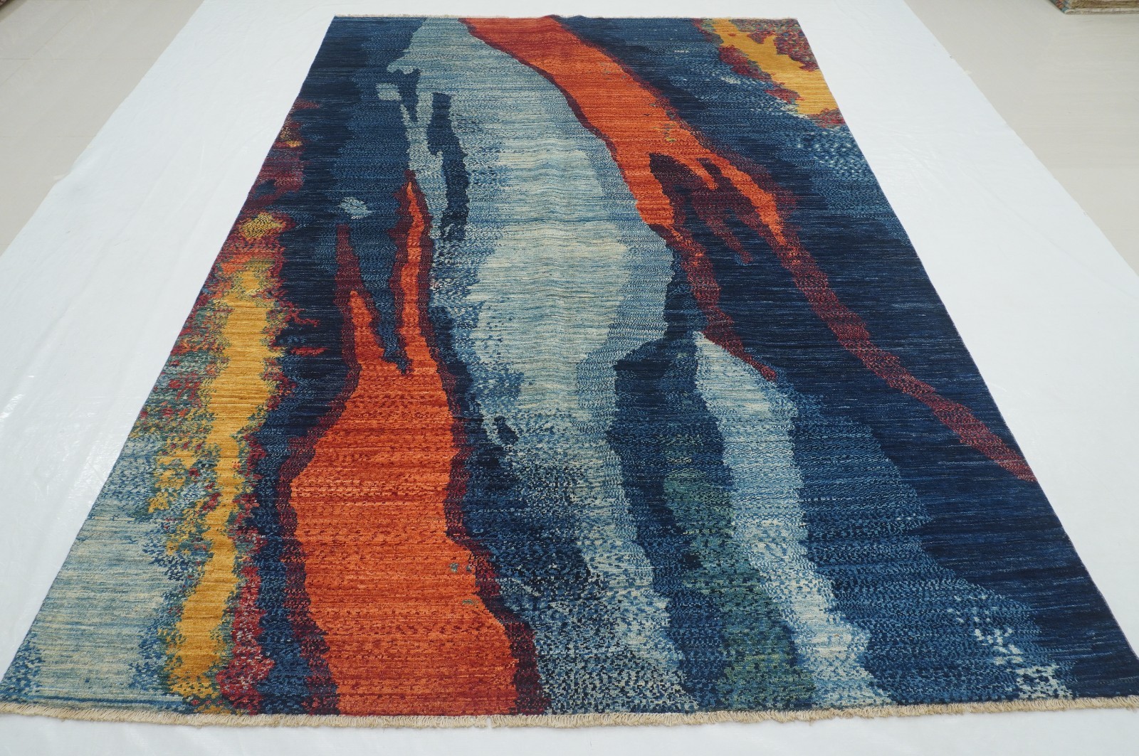 7x10 ft Blue Afghan Hand Knotted Wool Modern Area Rug 6'5"x9'6" gallery
