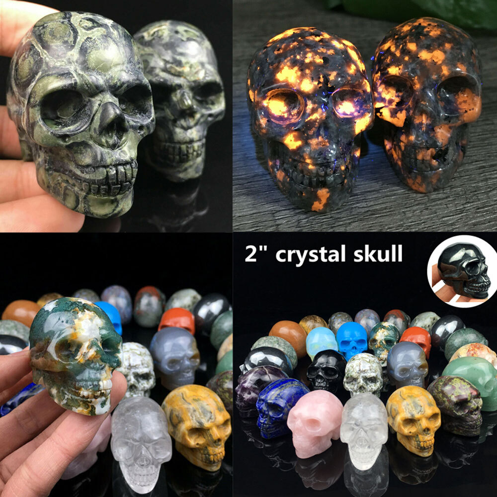 Halloween 2" Natural Rose Quartz Crystal Skull Flame Stone Obsidian Decoration gallery