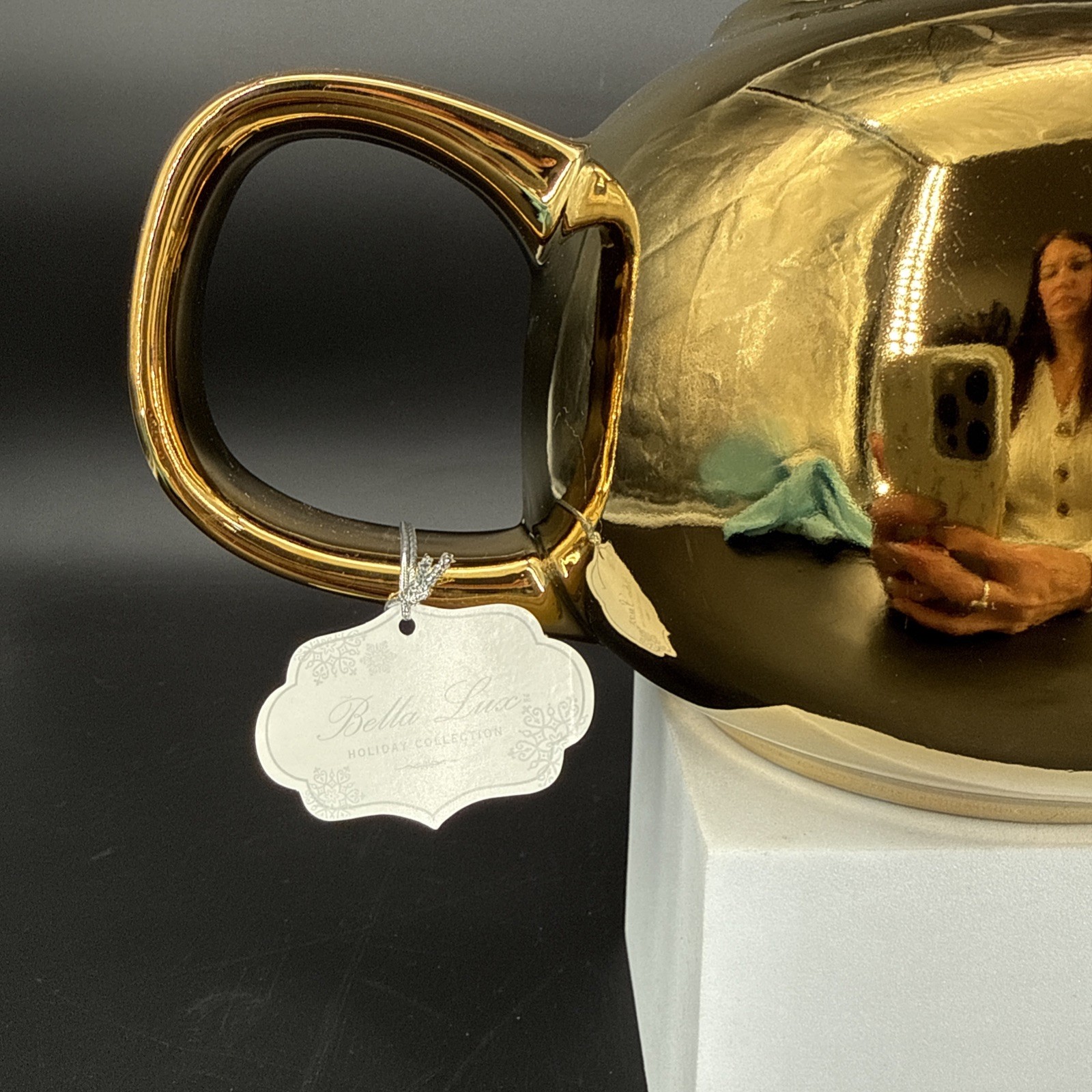 Bella Lux Holiday Collection Gold Ceramic Teapot Decor Christmas Display NWT gallery