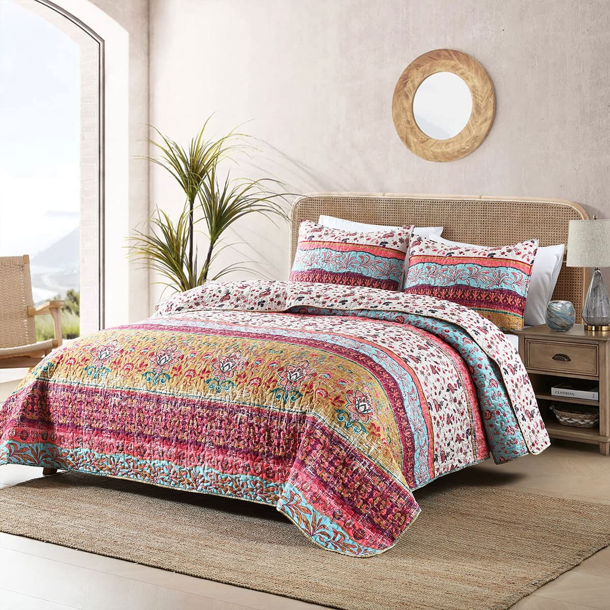 Boho Style King Quilt Set Reversible Bohemian Floral Strip Quilt Beddding Set... gallery