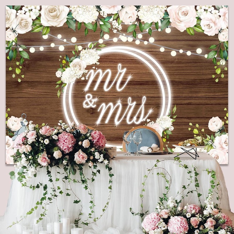 Mr & Mrs Wedding Backdrop Banner White Rose Floral Wooden Wall Glitter Lights gallery
