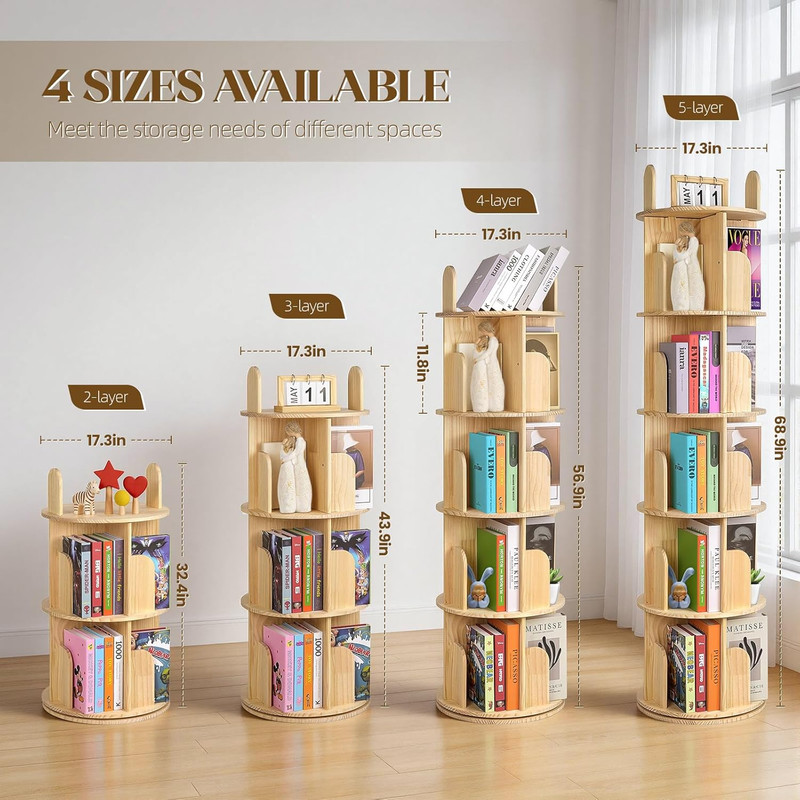 Rotating Bookshelf, Solid Pine Wood Spinning Bookshelf Tower 5 Tier, 360° Revolv gallery