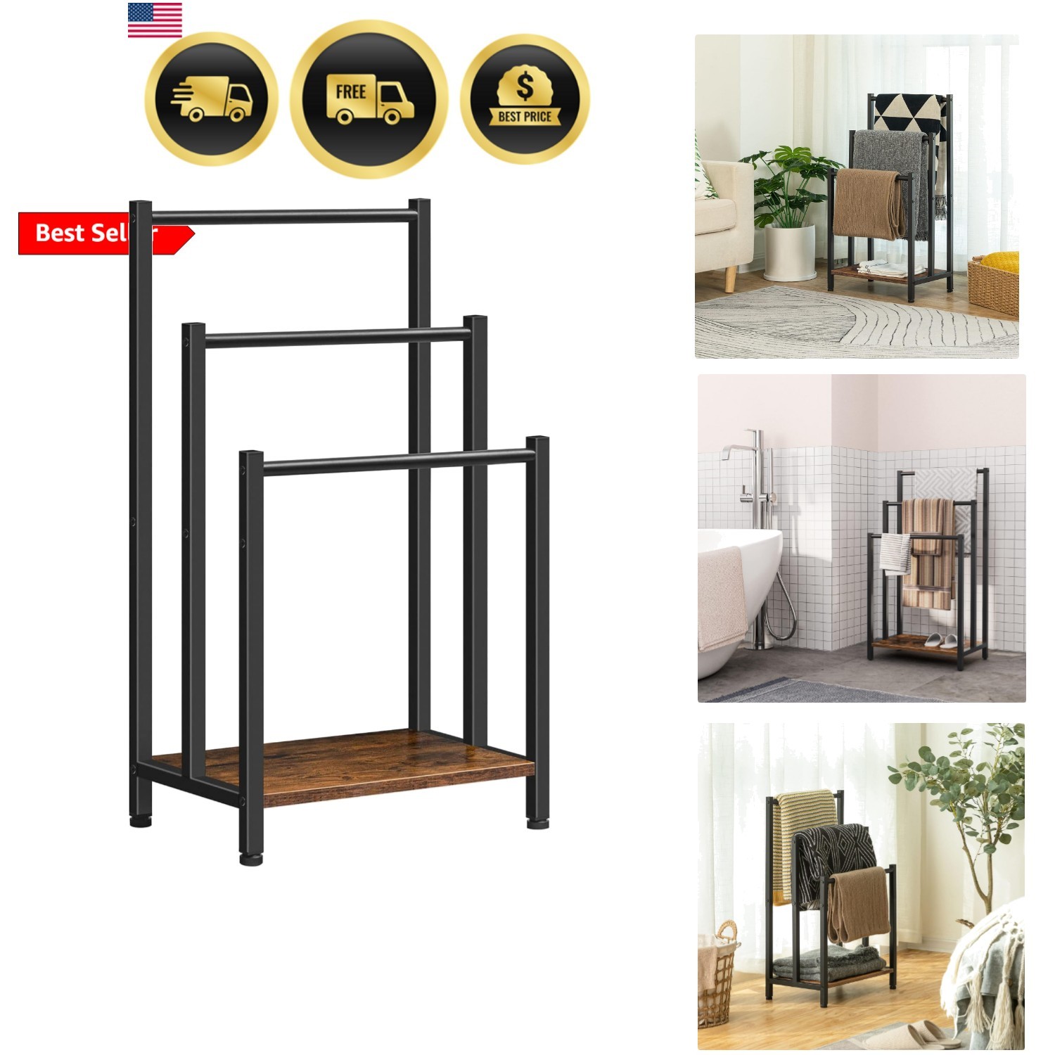 Free Standing Towel Rack, 3 Tier Blanket Rack, Blanket Holder for Bathroom, 1... gallery