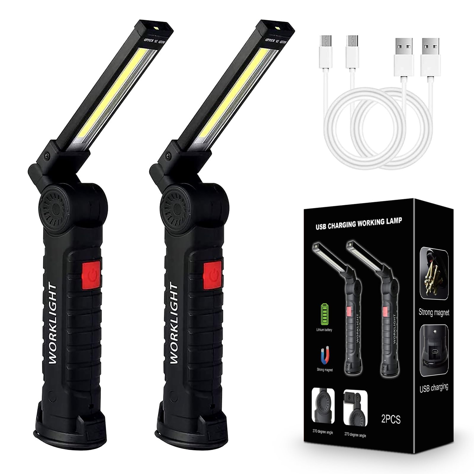 2Pack USB Rechargeable Folding COB LED Work Light, Magnetic, 360°, 5 Modes gallery