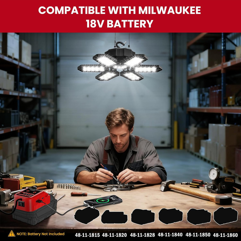 LED Work Light Compatible with Milwaukee M18 Battery - 68W 6800LM Ceiling Flood gallery