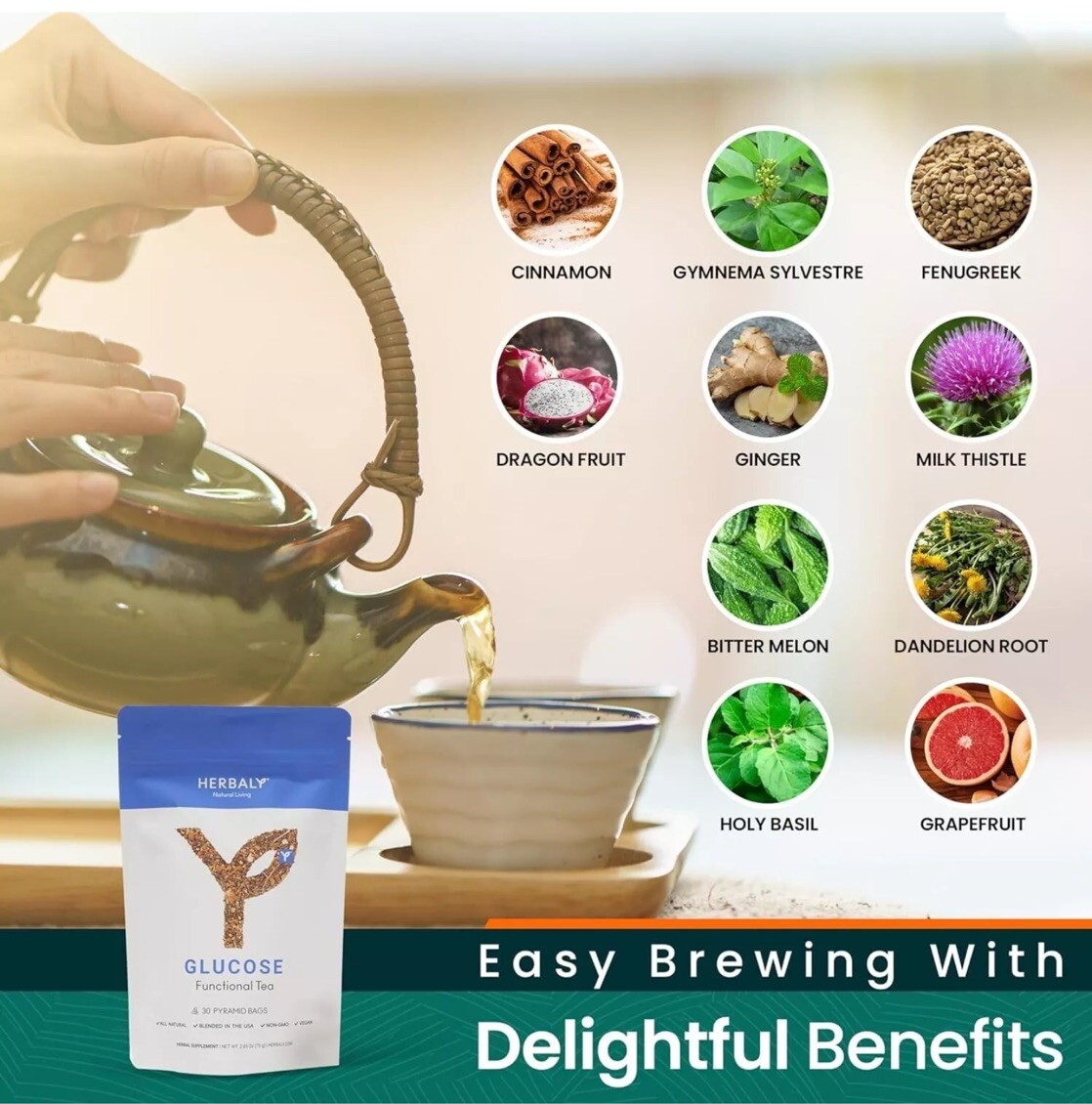 HERBALY Glucose Functional Tea Organic Blood Sugar Wellness gallery