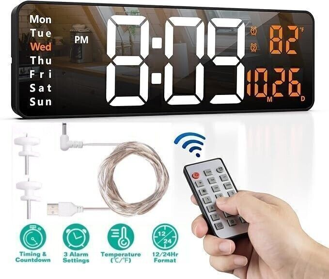 16" Digital LED Desk Alarm Clock Large LCD Display Wall Clock Remote Date Timer gallery