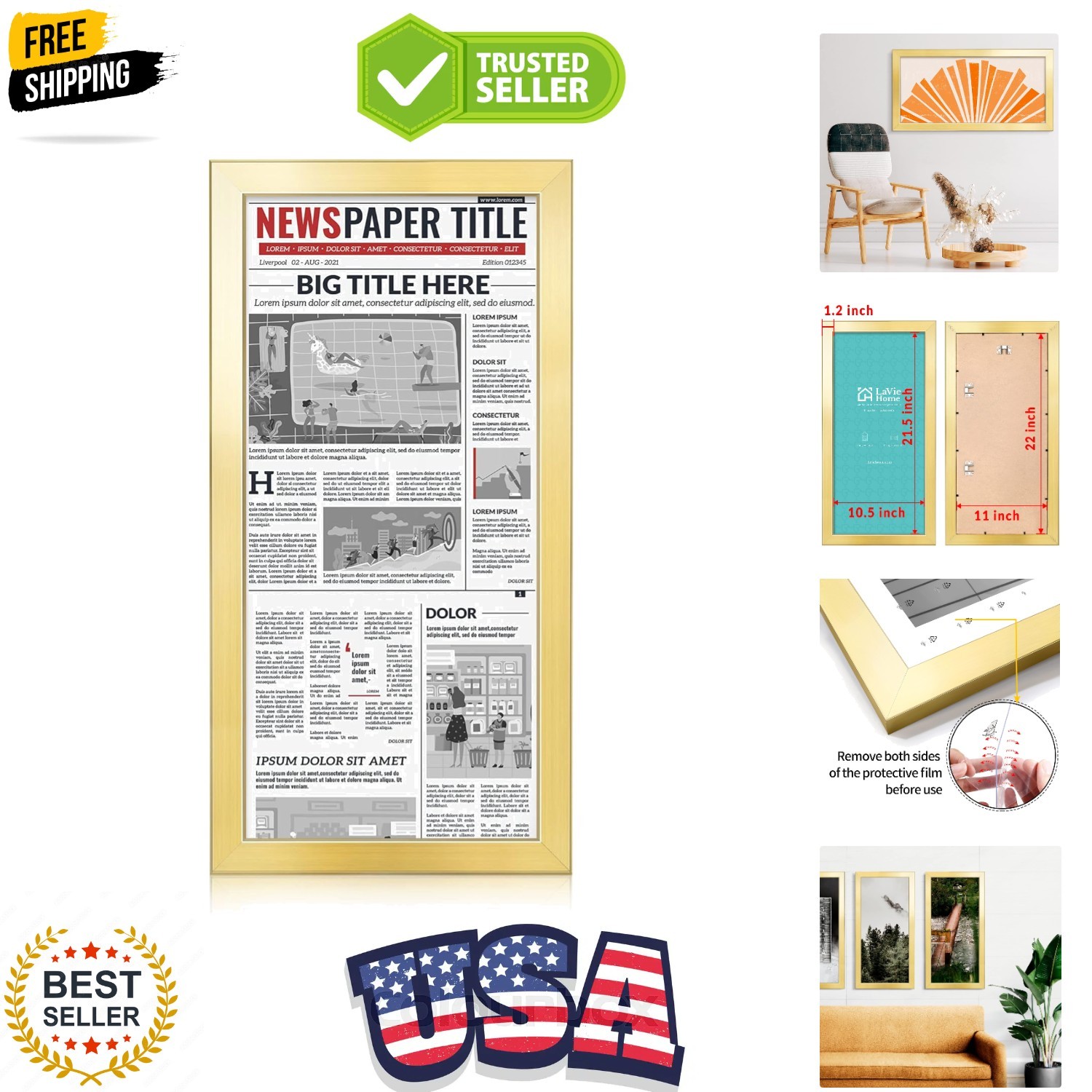 11x22 Newspaper Frame - Gold with High Definition Plexiglass, Fits 11x22 Inch... gallery