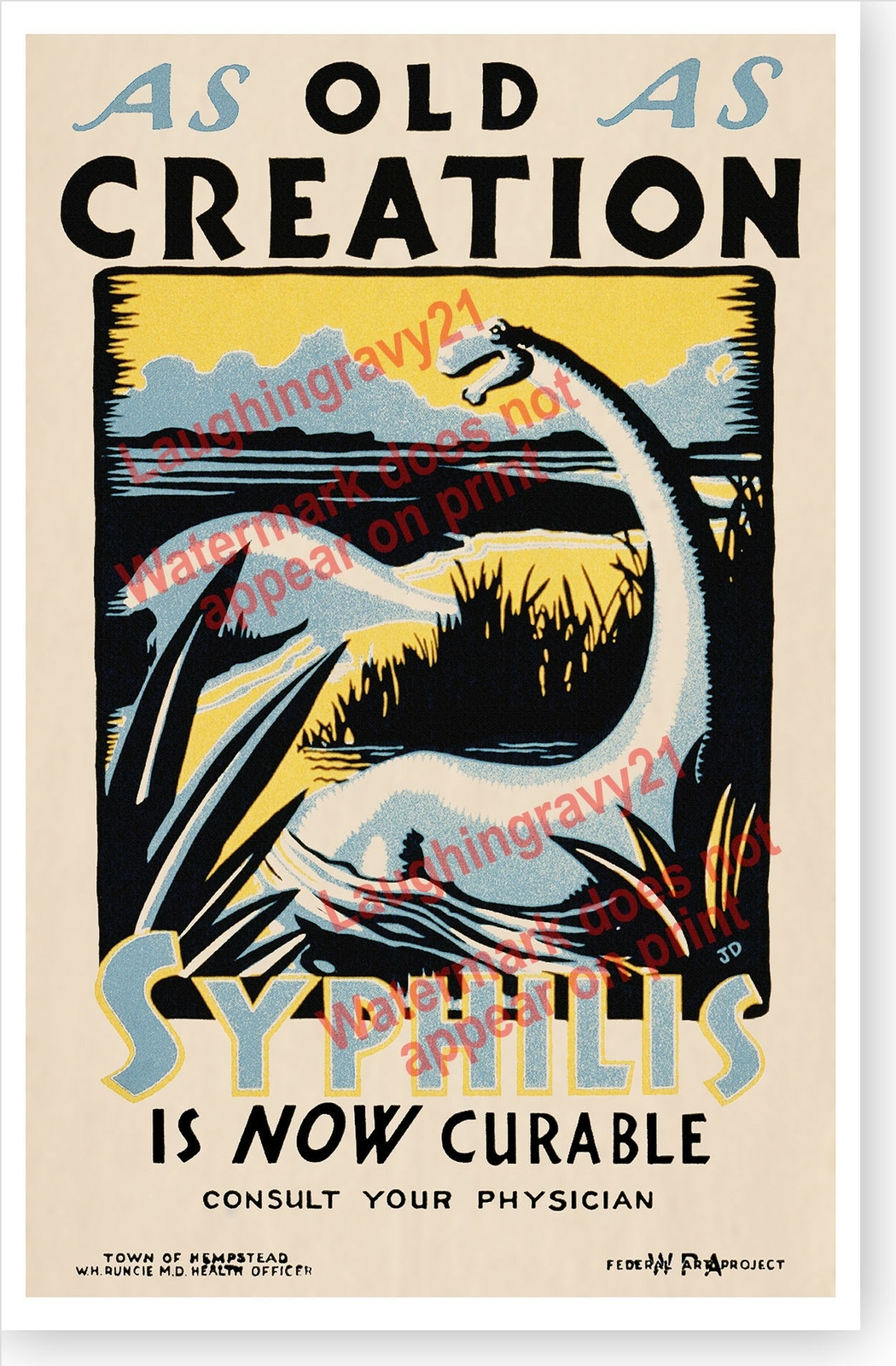 As Old As Creation Syphilis Is Now Curable Dinosaur Retro 1930's WPA Poster gallery