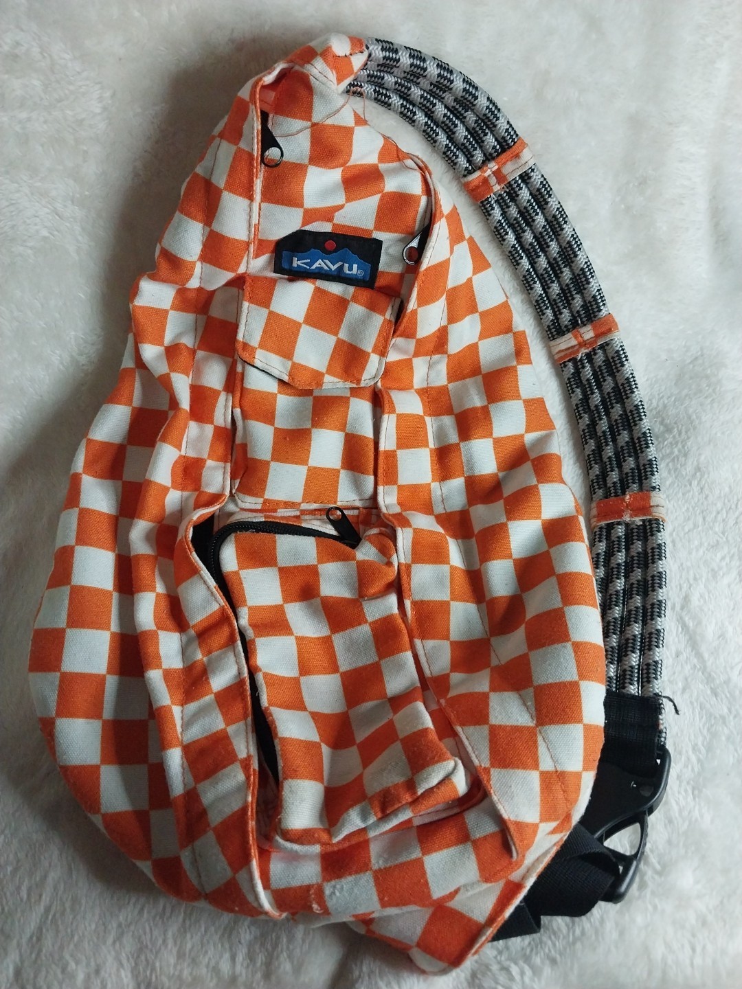 Kavu Sling Bag Backpack Orange White Checked Adjustable Strap Zip Pockets