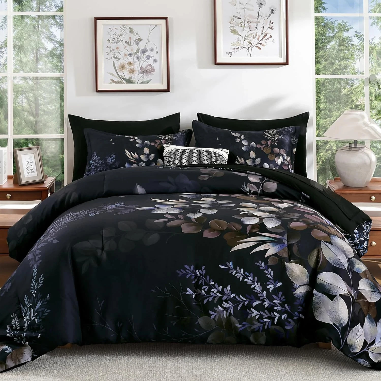 Black Comforter Set Queen Size 7 Pieces Bed in a Bag, Botanical Floral Print Bed gallery