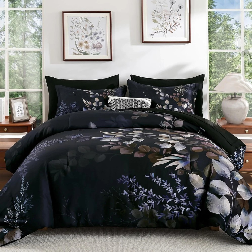 Black Comforter Set Queen Size 7 Pieces Bed in a Bag, Botanical Floral Print Bed