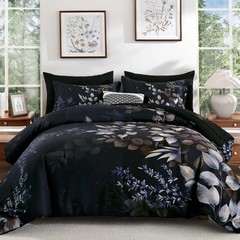 Black Comforter Set Queen Size 7 Pieces Bed in a Bag, Botanical Floral Print Bed