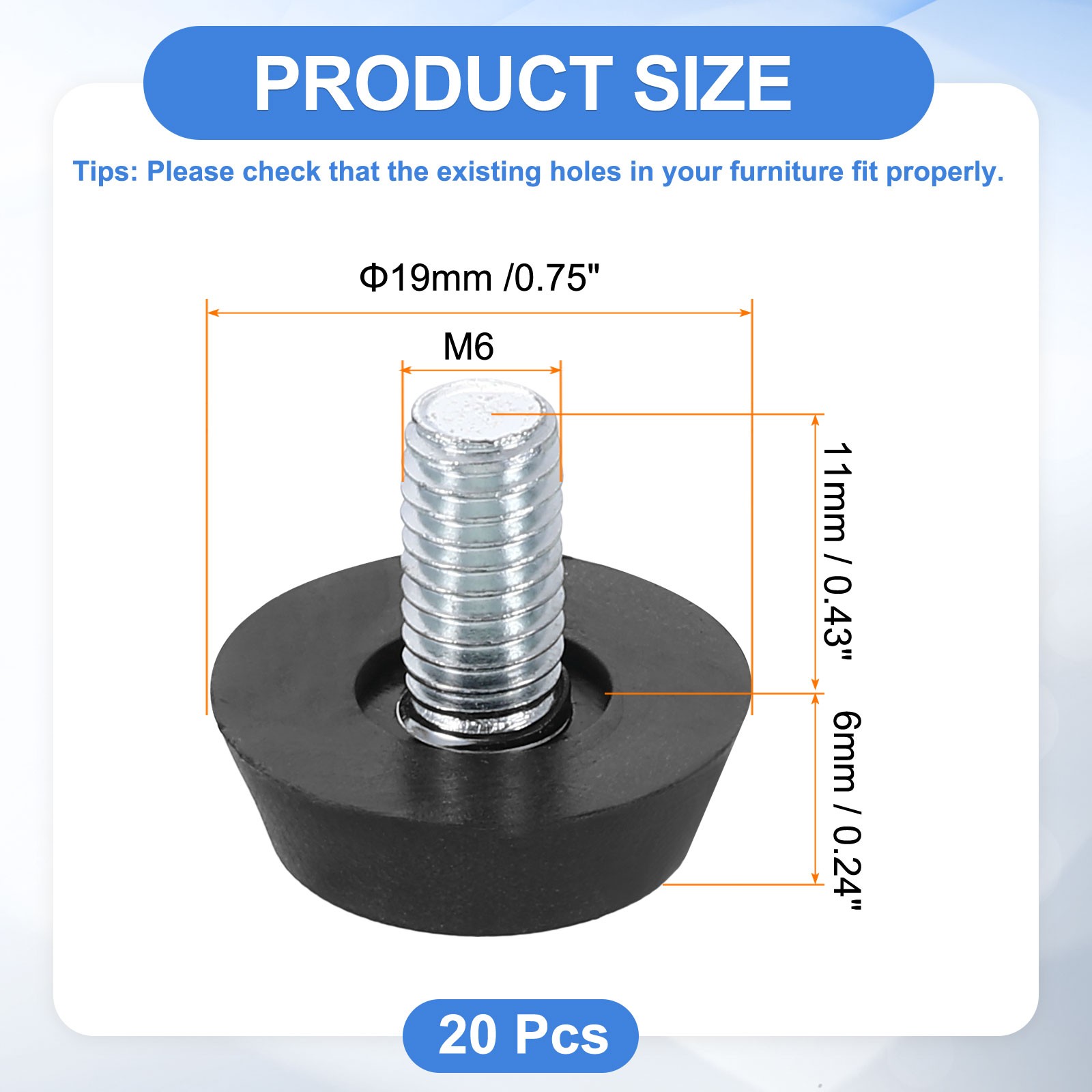 20Pcs M6 Thread Furniture Feet Levelers, 19x11 Adjustable Leveling Screw, Black gallery