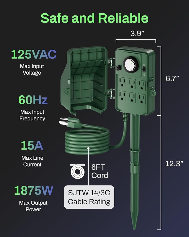 BN-LINK 24 Hour Outdoor Mechanical Timer 6 Outlets Garden Power Stake Waterproof gallery
