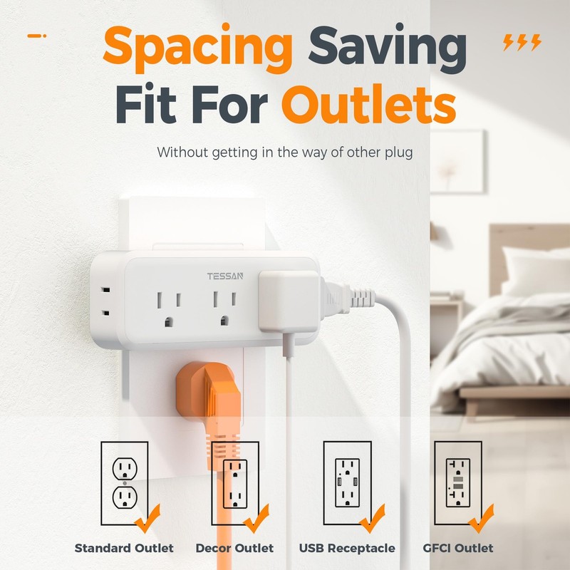 Multi Plug Outlet Splitter, TESSAN Surge Protector Wall 5 Outlets, White gallery