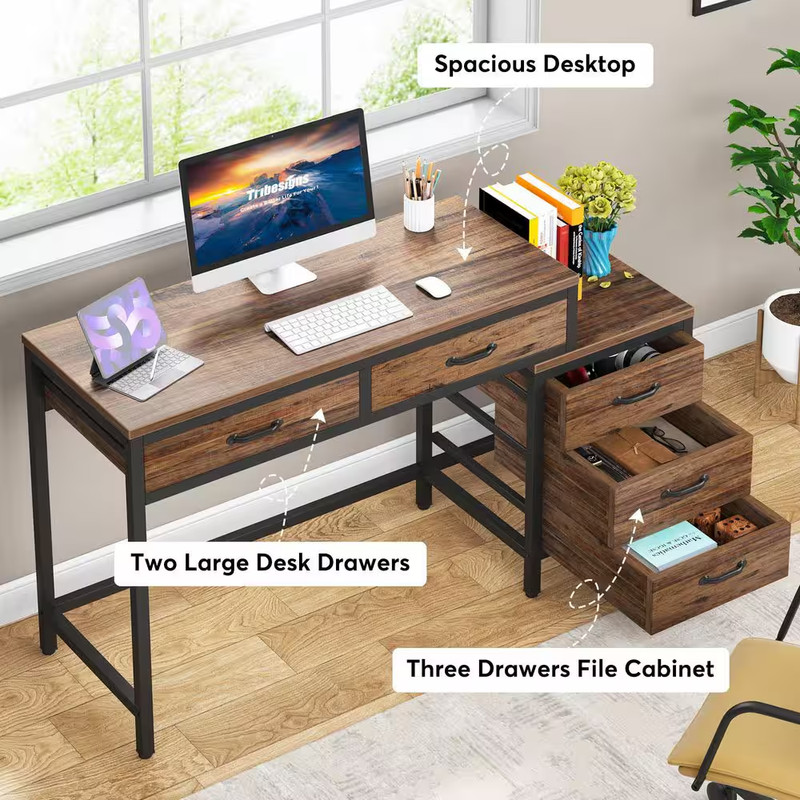 Moronia 51 In. Retangular Brown Black Computer Desk 5-Storage Drawers Home Offic gallery