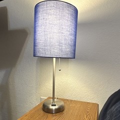 Modern Table Lamp Blue Drum Shade Pull Chain Brushed Chrome Silver Base