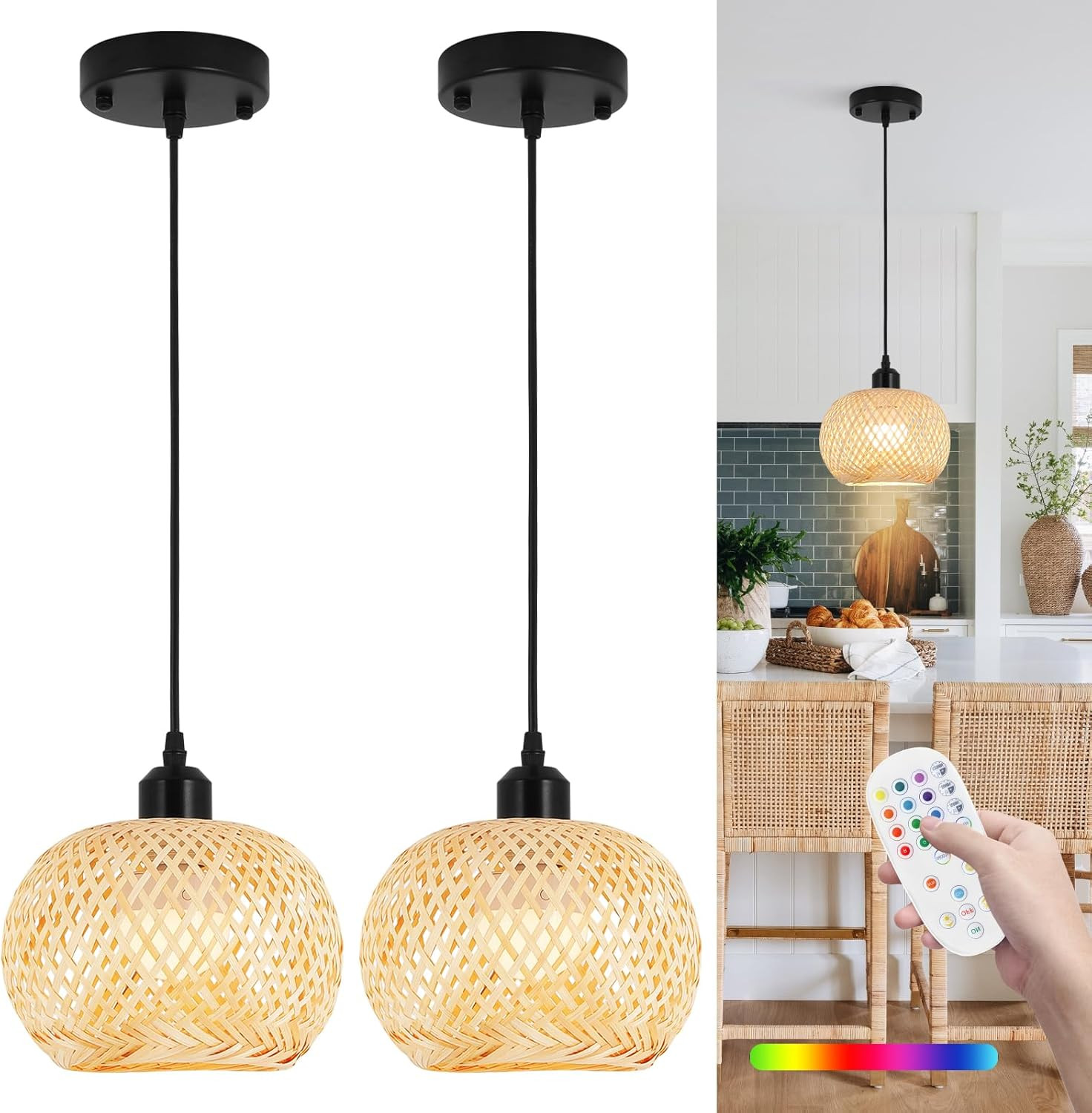 Boho Pendant Light Battery Operated,Rechargeable Woven Pendant Light with Remote gallery