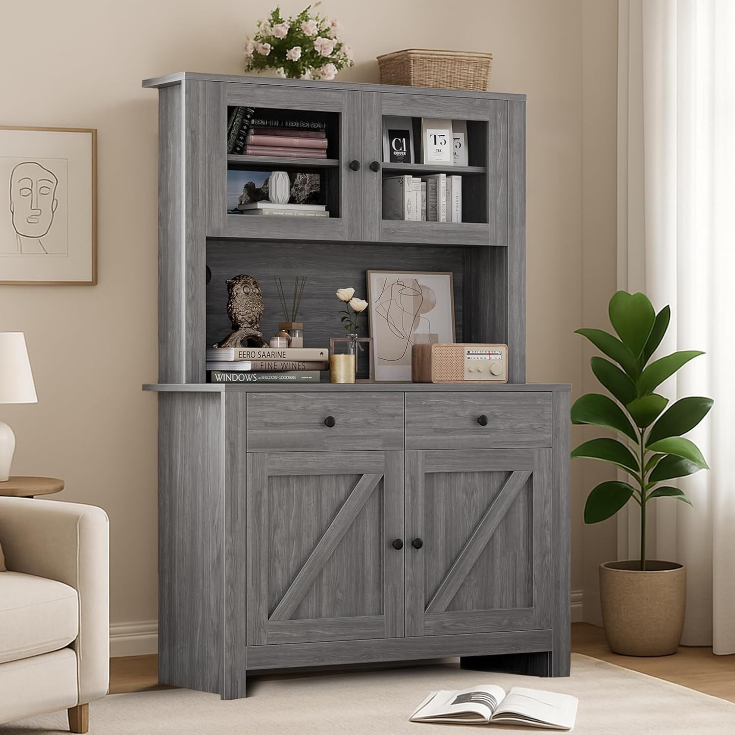 63" Tall Kitchen Pantry Cabinet with Drawers, Hutch Cabinet with Microwave Stand gallery