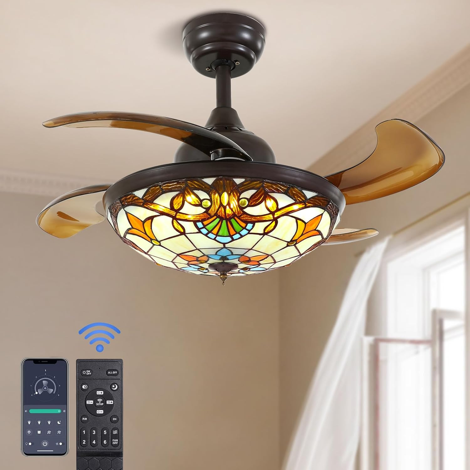 36" Tiffany Style Ceiling Fan with Remote, Dimmable LED & Retractable Blades gallery