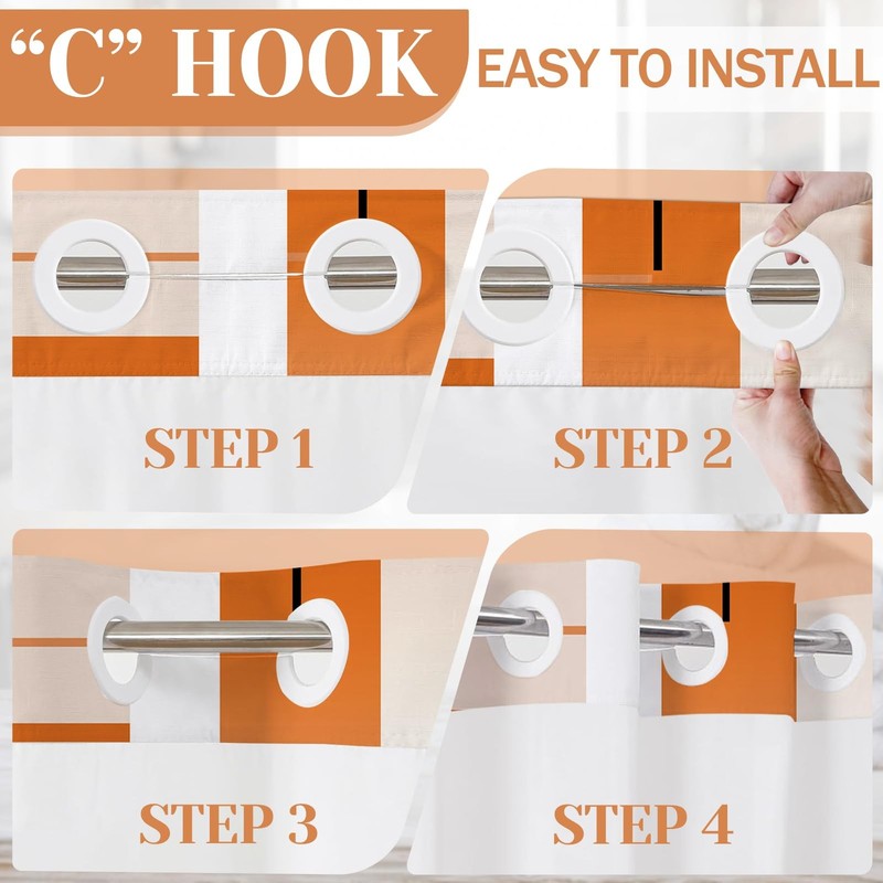 Orange Hookless Shower Curtain Set Snap In Liner Geometric Decor 71x74 Inch gallery