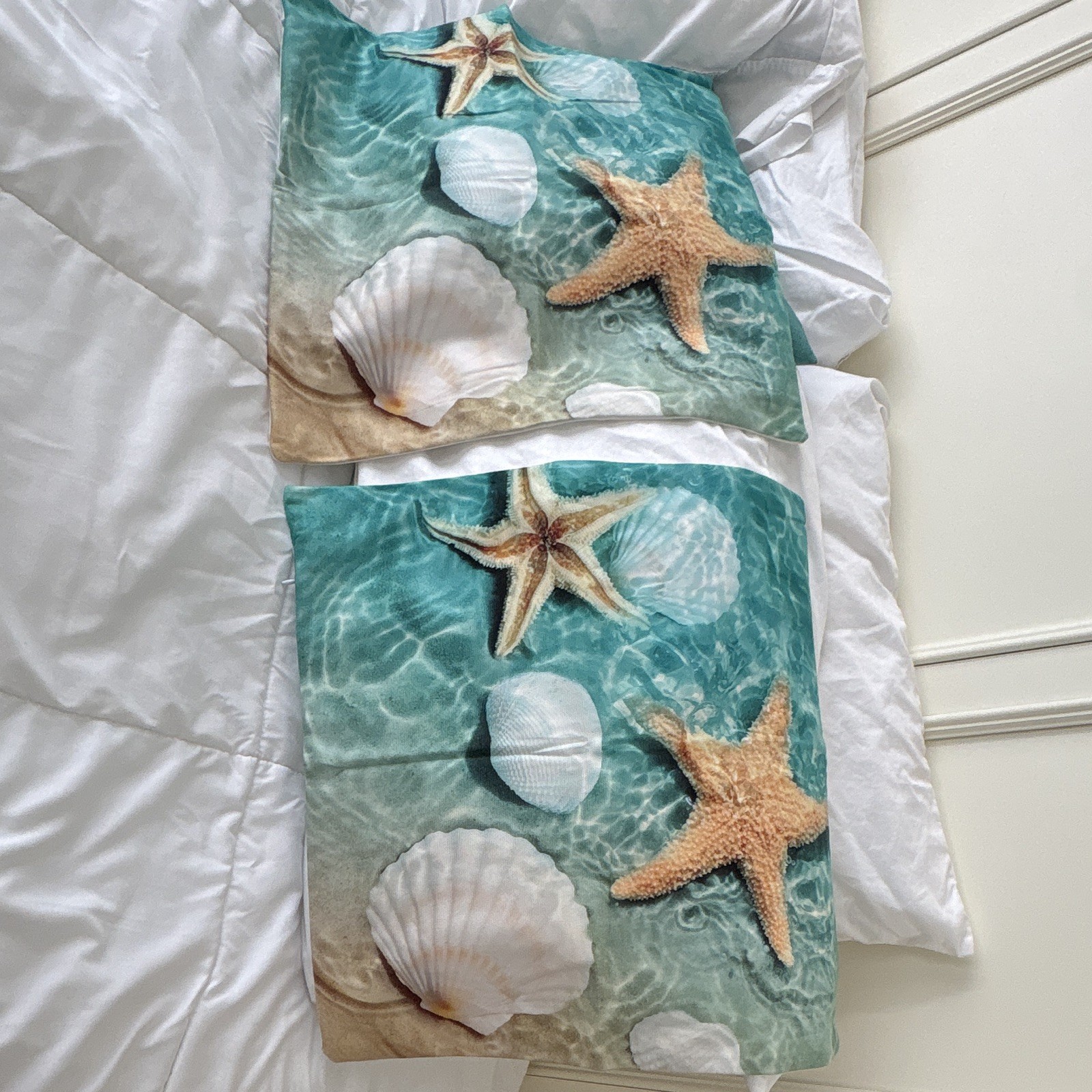 Seashell Starfish Print Pillow Shams Set of 2 Standard Blue Beige White gallery