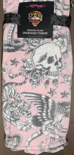 Ed Hardy Oversized Plush Throw Blanket Pink w/Tigers,Skulls,Cobras,Eagles 60x70" gallery