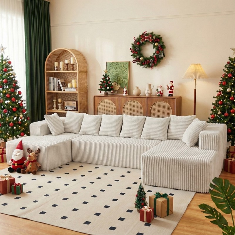 130" Cloud Corduroy U-Shaped Modular Sofa, No Assembly, Beige gallery