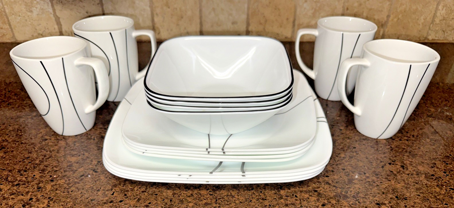 SIMPLE LINES by CORELLE Set of 12 (4 Dinner & Salad Plates, 4 Bowls) EUC gallery