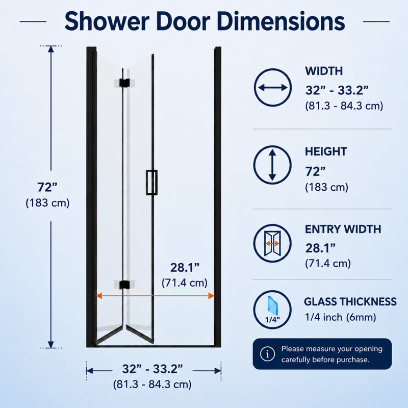 Semi-Frameless Folding Pivot Hinged Shower Door 32-33.2 in. W x 72 in. H,1/4" gallery