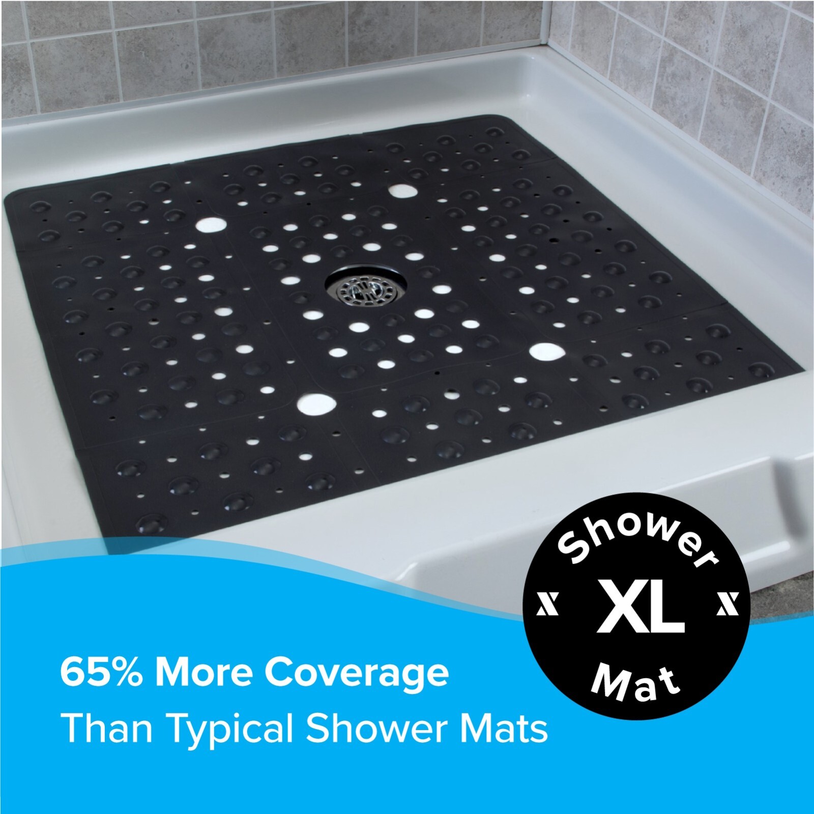 65% MORE COVERAGE! SlipX Solutions Solid Black Extra Large Shower Mat (27") gallery