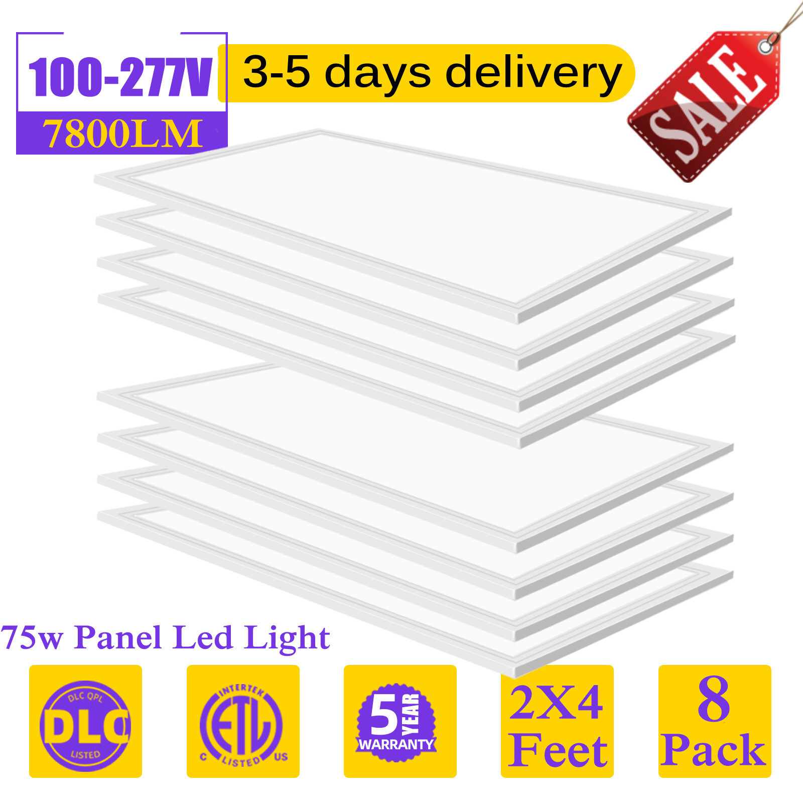 4-12Pcs 2X4ft LED Flat Panel Light,75W with 7800 lumens,5500K White,Drop Ceiling gallery