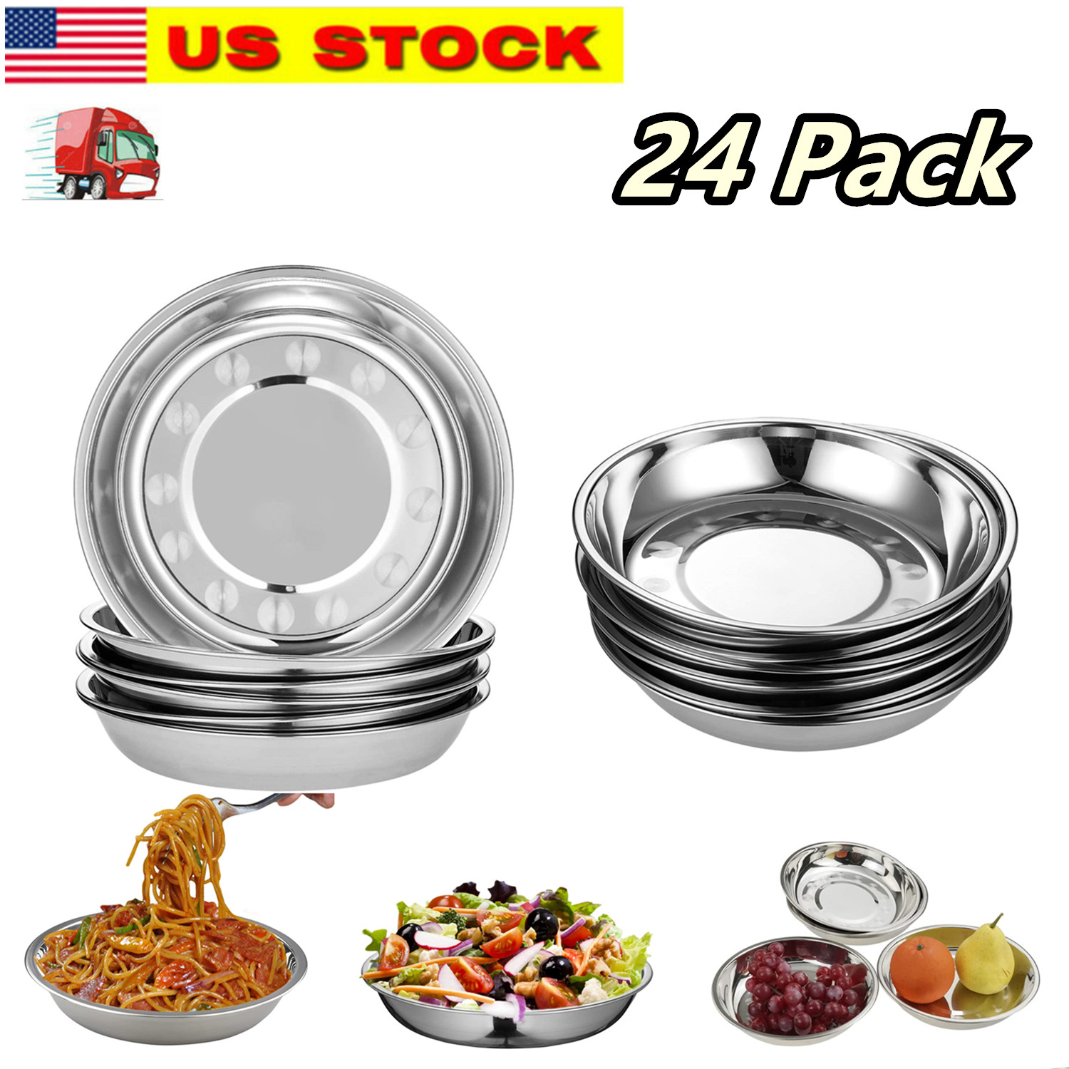 24x Unbreakable Stainless Steel Round Plates 7" Dinner Plate Dish Camping Picnic gallery