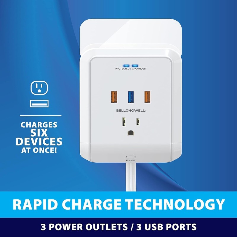 Bell + Howell Power Pro Outlet Extender–3 AC Outlets 3 USB Ports 4 ft Ext. cord gallery