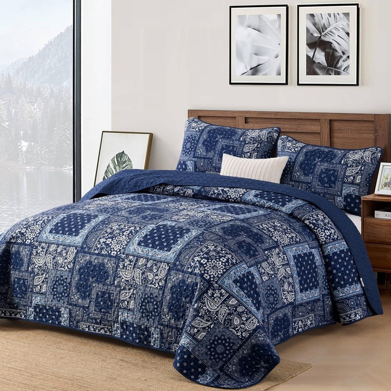 Blue Patchwork Quilt Set Queen Size,Boho Navy Blue Quilt Set,Paisley Farmhouse B gallery