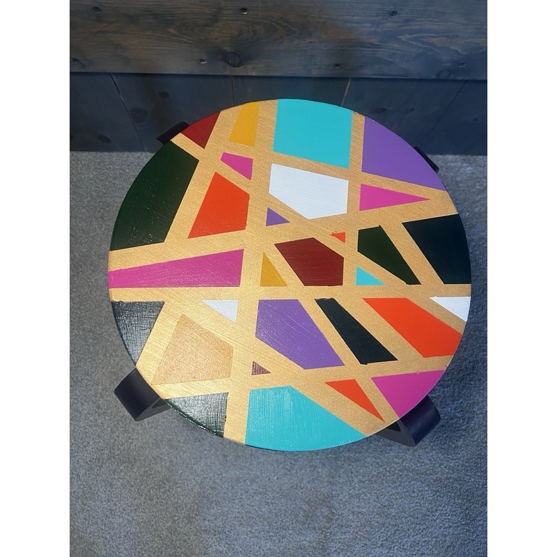 Hand-Painted Side Table Unique Colorful Navy Blue Legs Gold Geometric Boho gallery