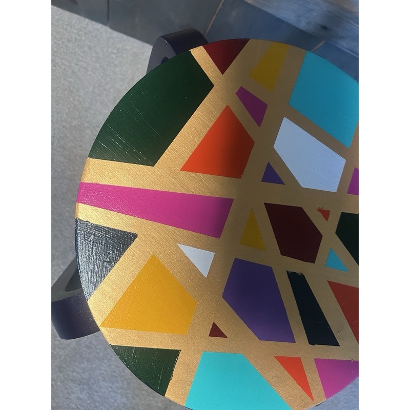 Hand-Painted Side Table Unique Colorful Navy Blue Legs Gold Geometric Boho gallery