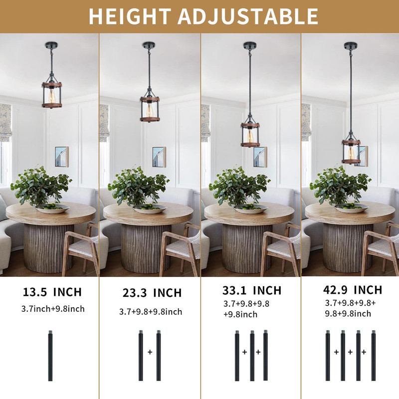 Rustic Walnut Wood Pendant Lights, Adjustable Metal Cage, 2-Pack gallery