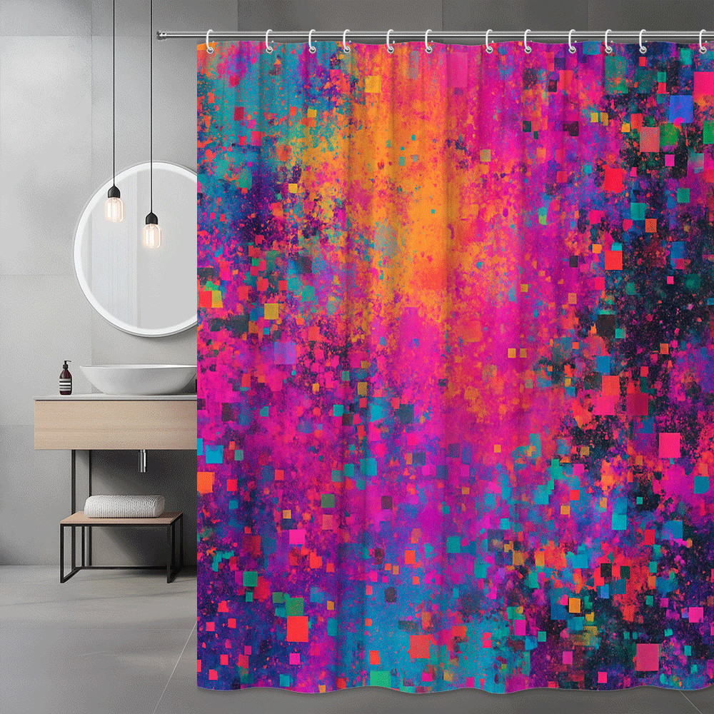 Abstract Neon Pixel Art Shower Curtain Pink Blue Orange gallery