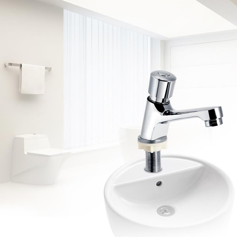 Basin Sink Faucet Push Button Design Water Saving Rugged Time Delay Bathroom US gallery