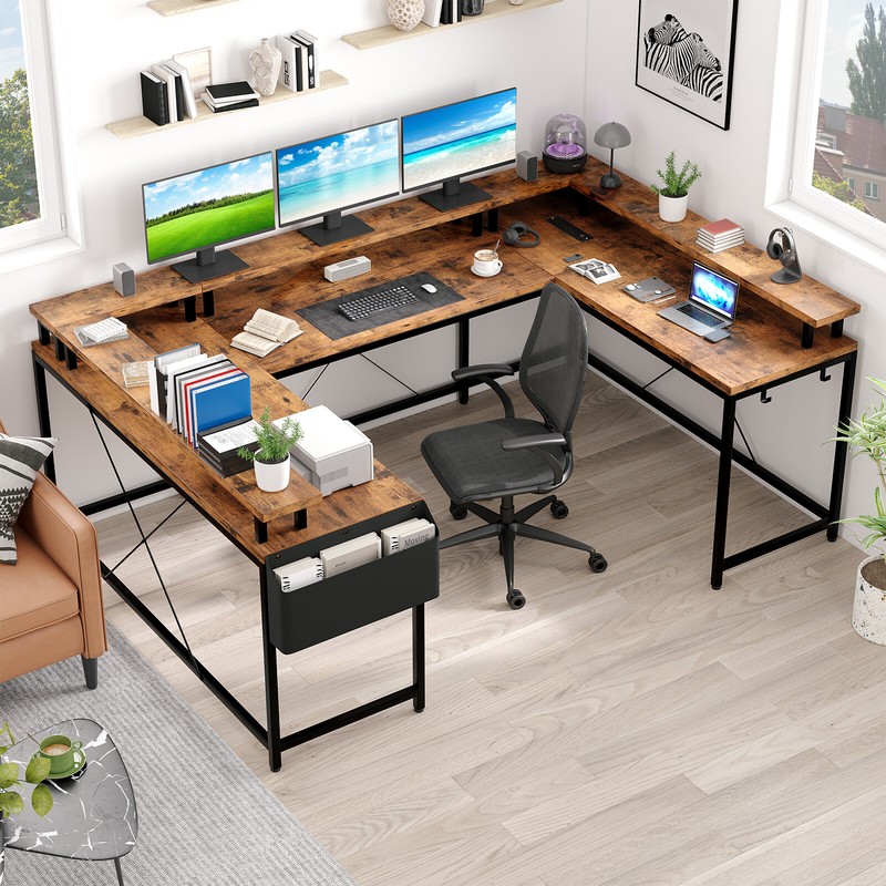 126in U Shaped Computer Gaming Desk, Reversible L Shaped Desk With Storage Shelf gallery