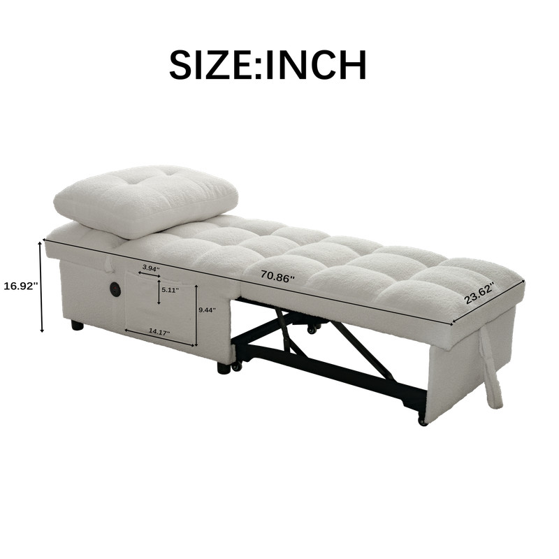 Modern Single Sleeper Sofa Bed with USB Port Armless Adjustable Backrest White gallery