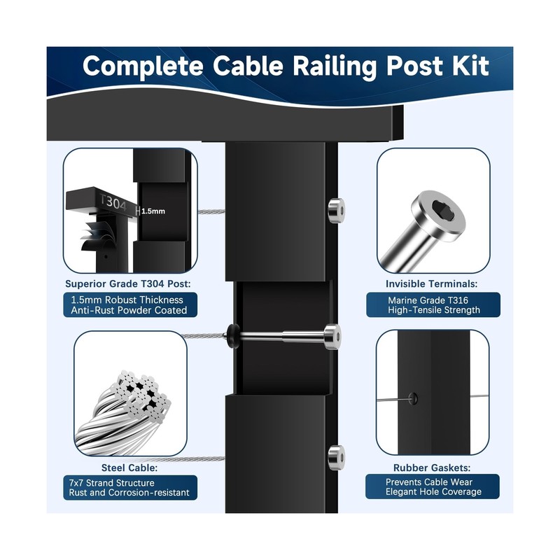One-Stop Cable Railing Post Kit, 5 Pack Level Drilled Line Post 36", Fixed To... gallery