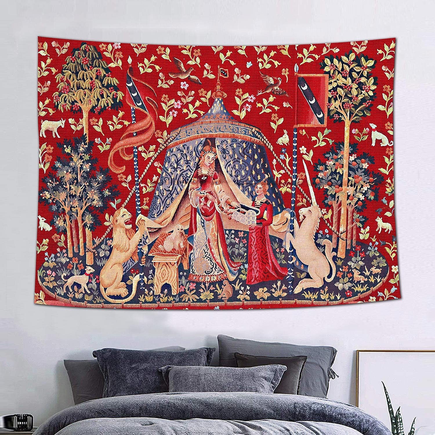 FEASRT European Medieval Royal Tapestry Maiden and Unicorn 60"L x 40"W, Red_3 gallery