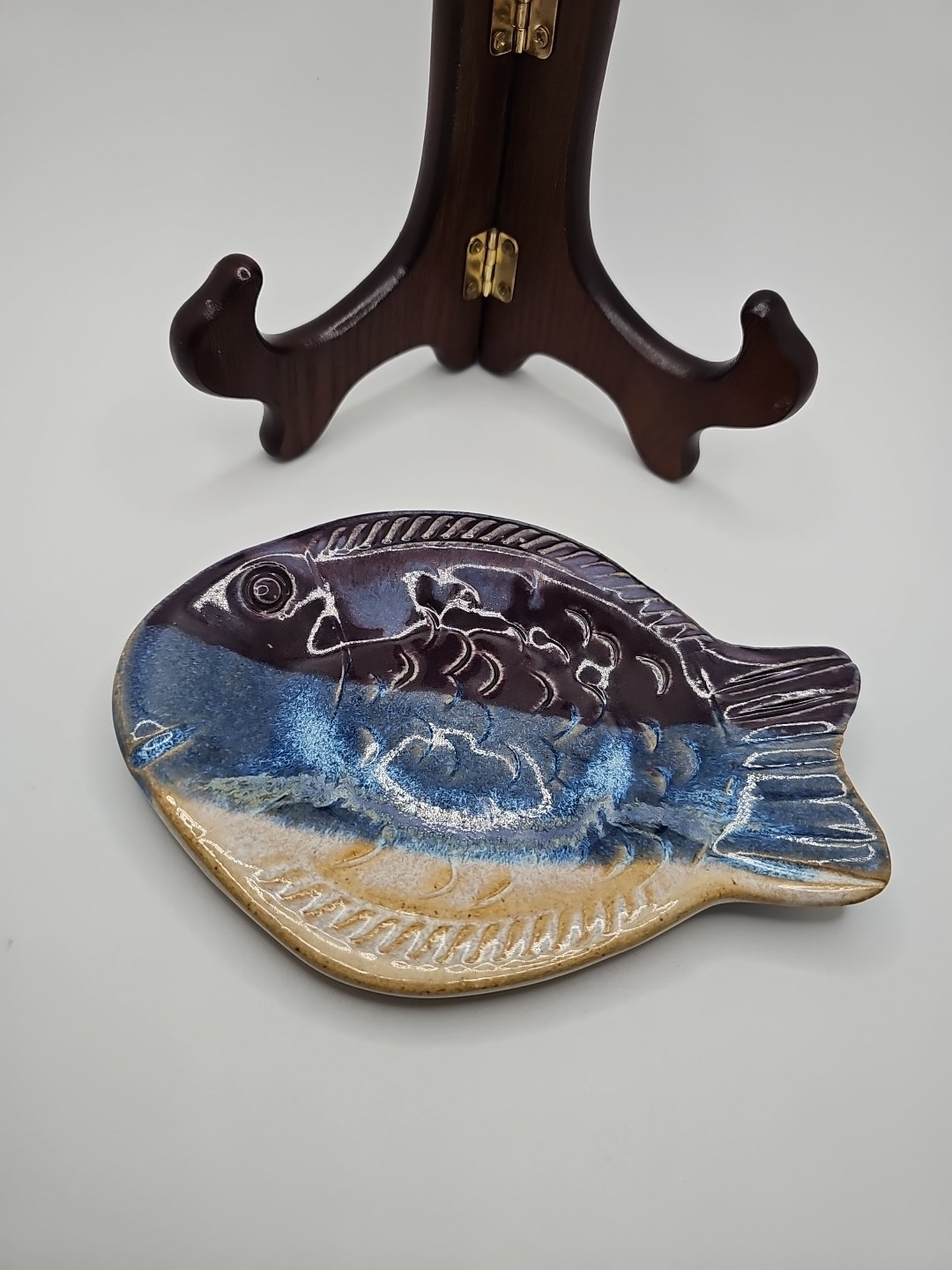 Studio Pottery Flounder Fish Soap Dish Tea Bag Tray Sooon Rest Blues Purple gallery