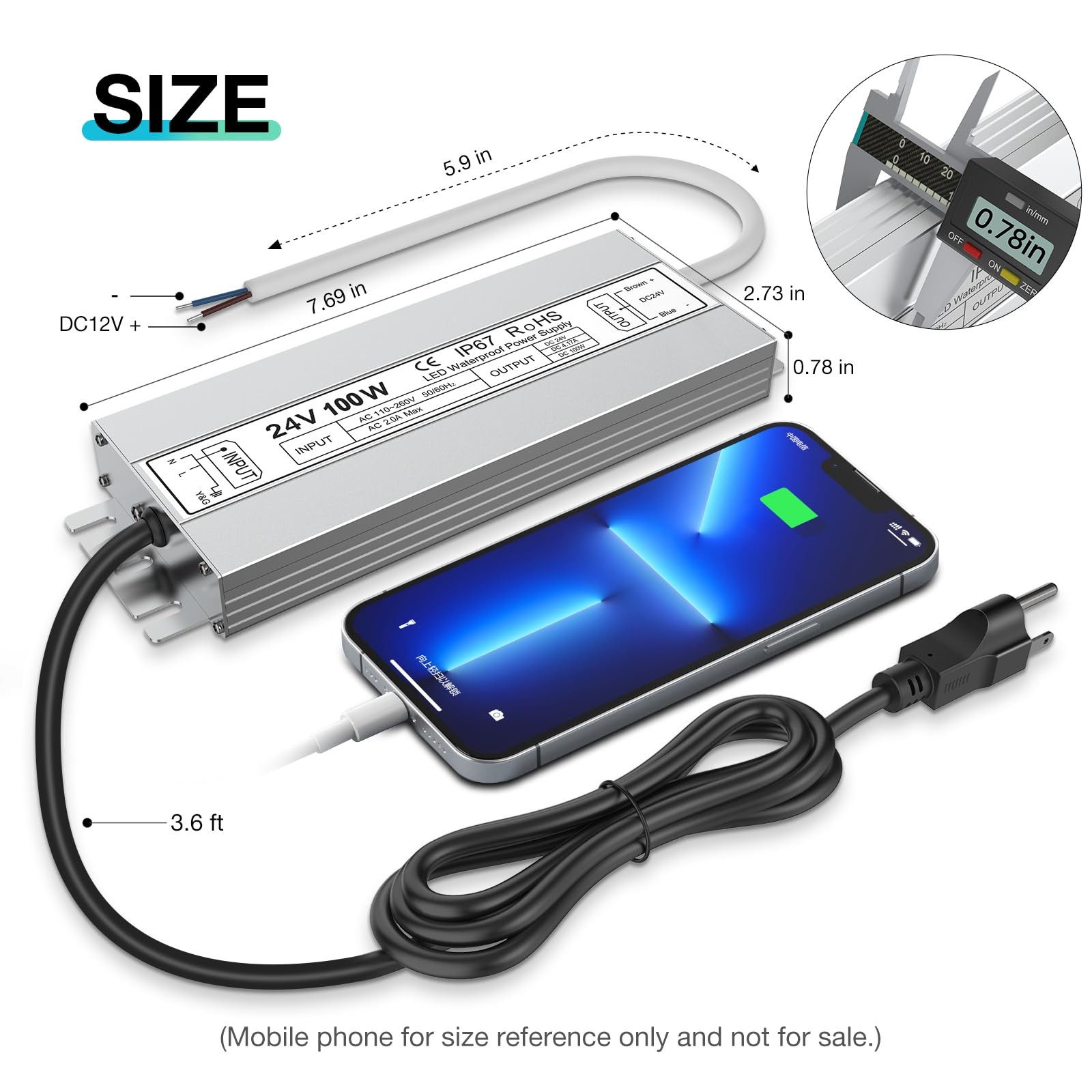 Driver 100 Watts Waterproof IP67 Power Supply, Input 100-260V AC with 3-Prong... gallery