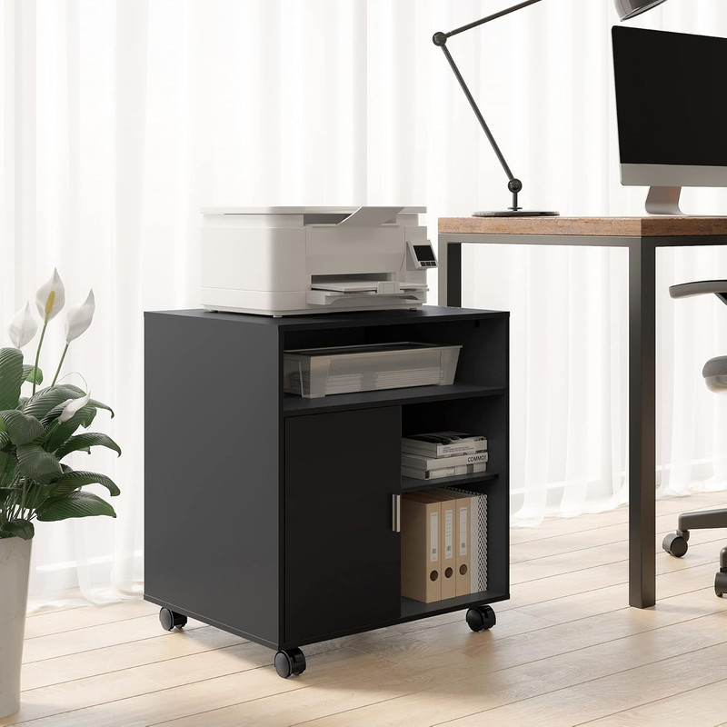 Printer Stand with Storage Adjustable Shelves, Wood Mobile Cart with Door, Rolli gallery
